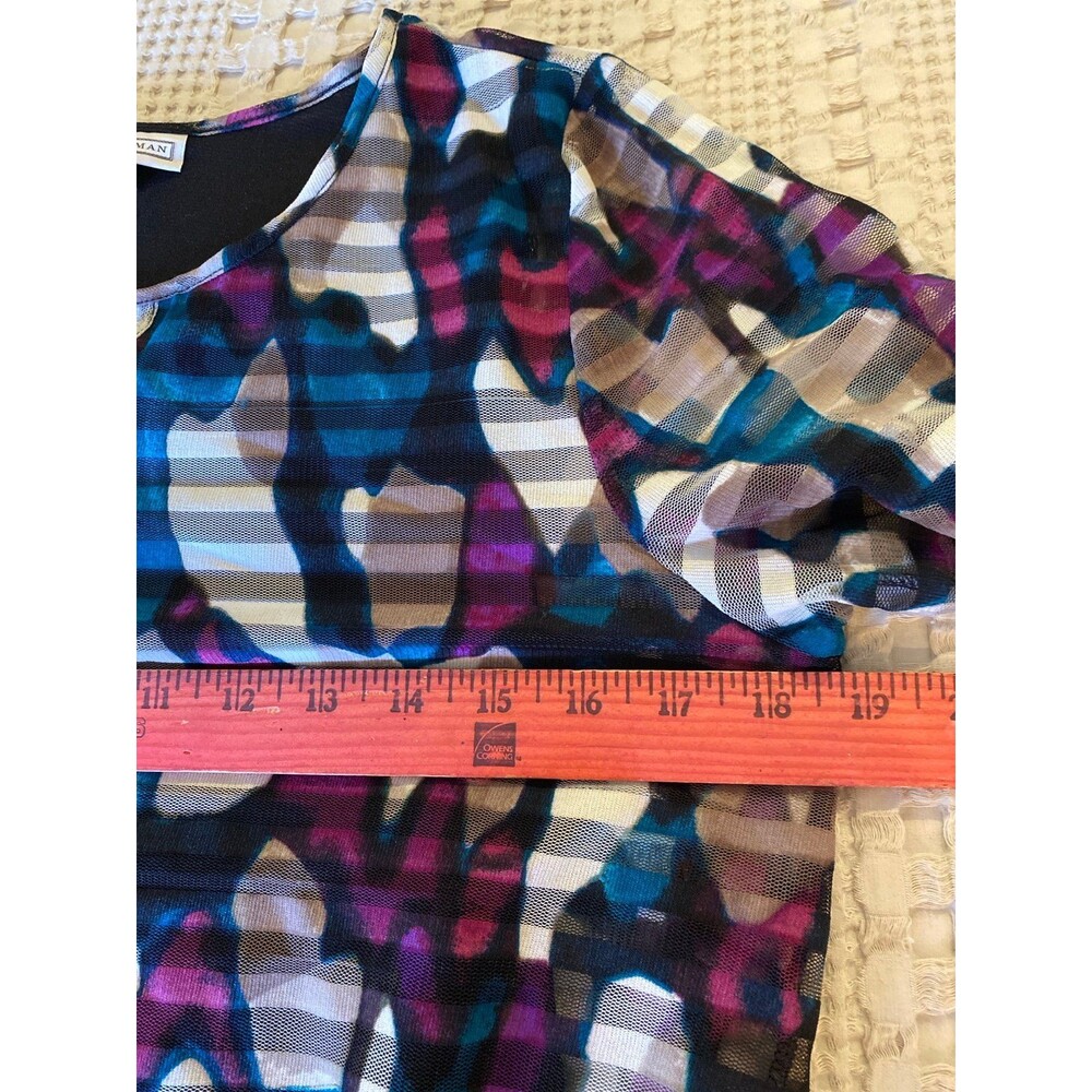 Dana Bachman Blouse Sz Medium Top Sheer Overlay Purple Green Black Rounded Neck - Picture 10 of 12